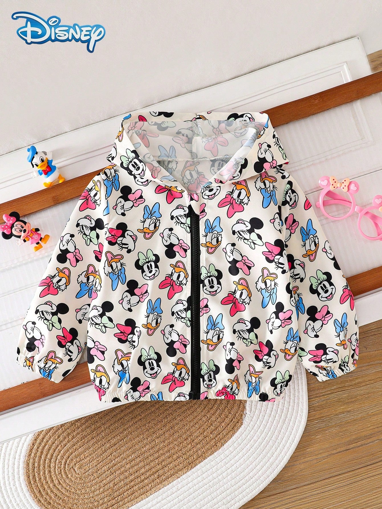 Disney Minnie And Friends Spring/Autumn Casual Jacket For Baby Girls, Cartoon Minnie, Donald Duck, Daisy, Goofy All-Over Print, Long Sleeve Zipper Hooded Jacket, Children's Daily Wear, Home, Versatile