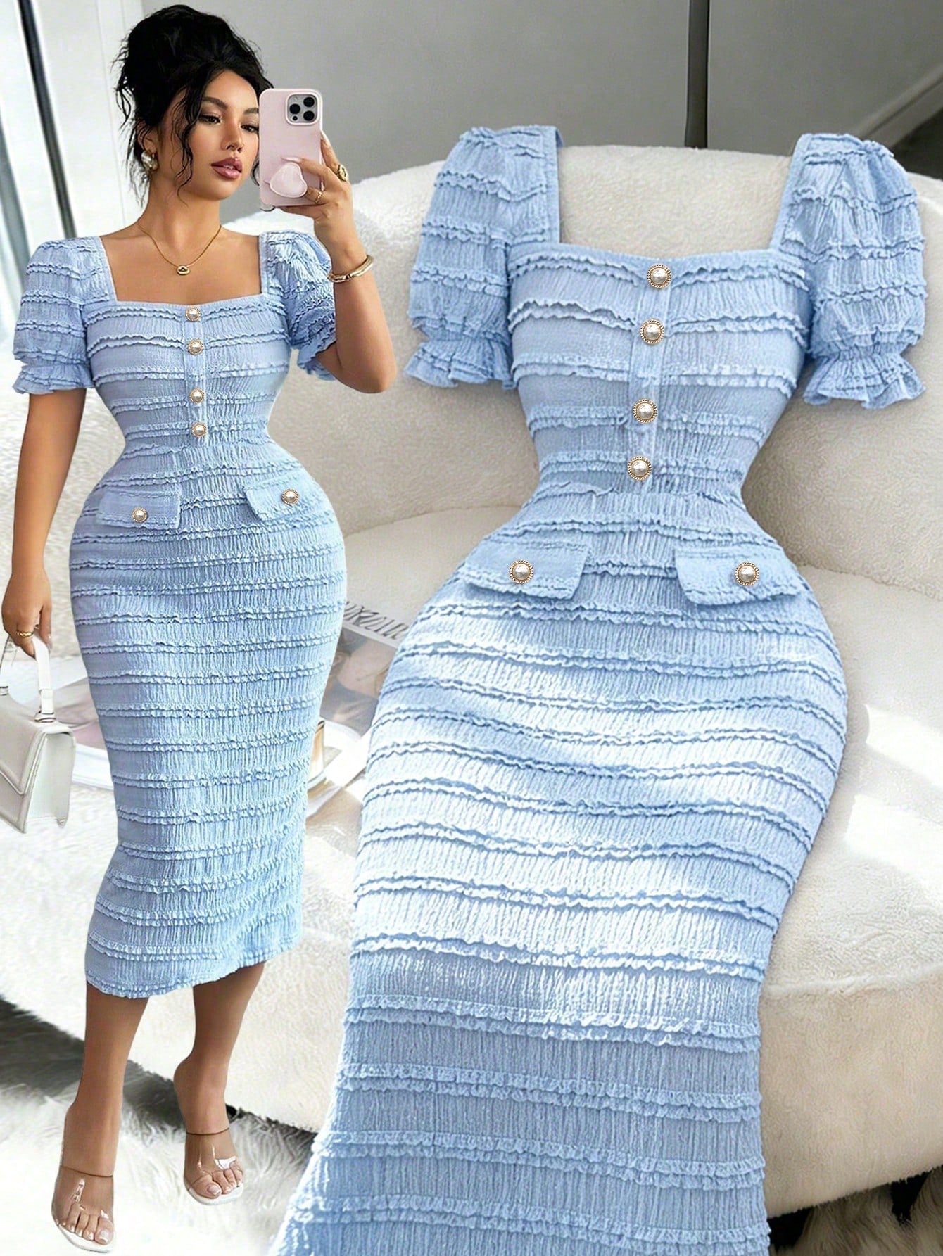 Elenzga New Arrival Square Neck Short Sleeve Textured Knit Elegant Versatile Fitted Midi Dress For Women