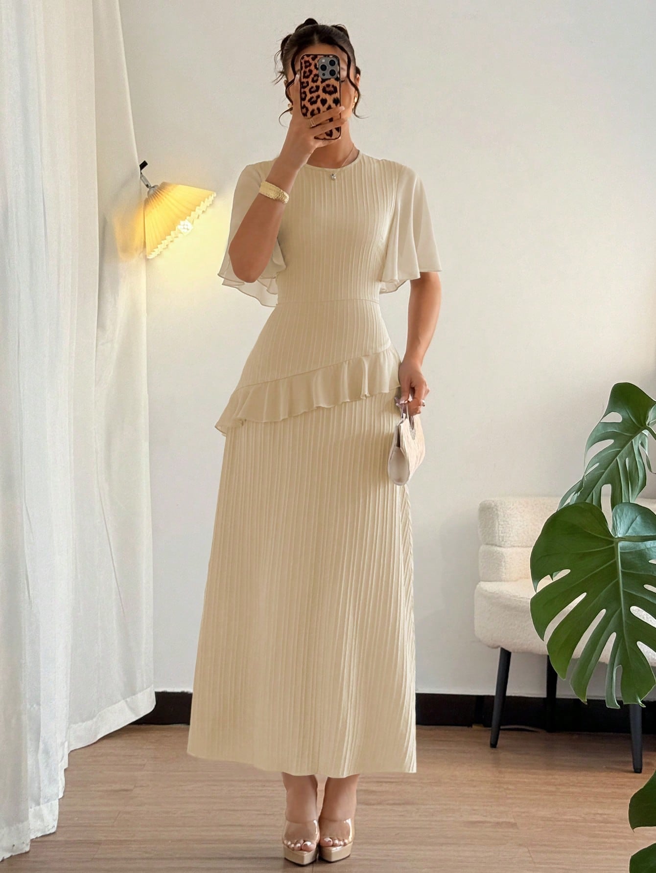 Elenzga New Women's Textured Woven Fabric Round Neck Chiffon Ruffle Sleeve Cinched Waist High-Waisted Maxi Casual Dress, Slimming, Elegant Vacation Date Outfit
