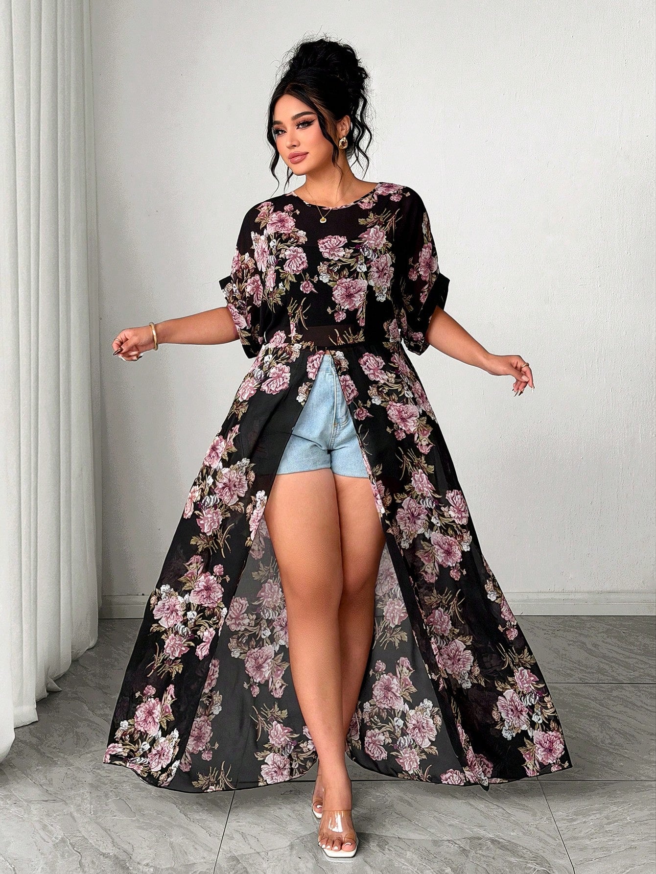 Elenzga Plus Size Women's Floral Print Long Shirt, Summer