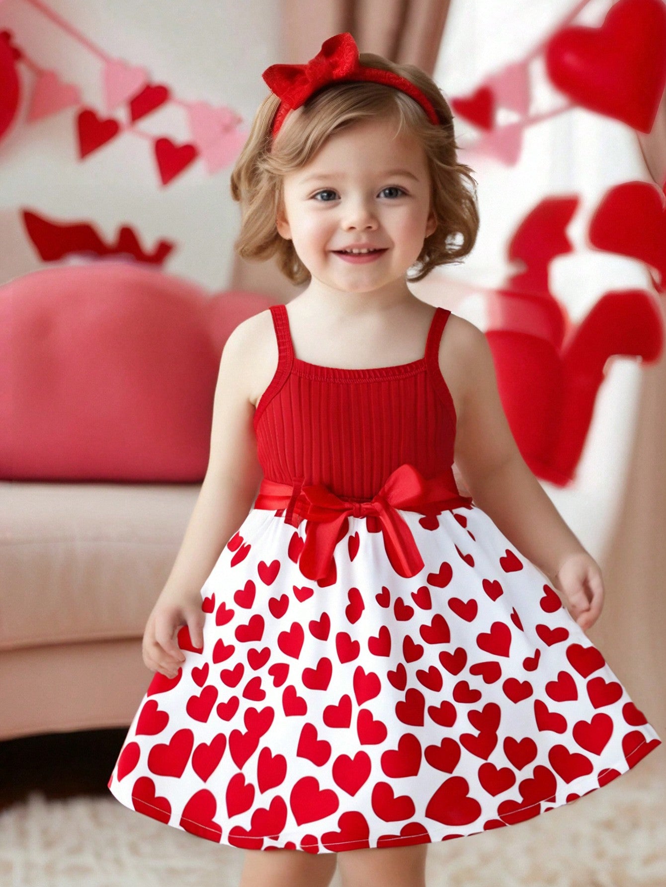 Elladie kids Baby Girls Ribbed Heart Print Flounced Hem Sundress, Cute & Sweet Fashion Summer Dress For Baby Girl