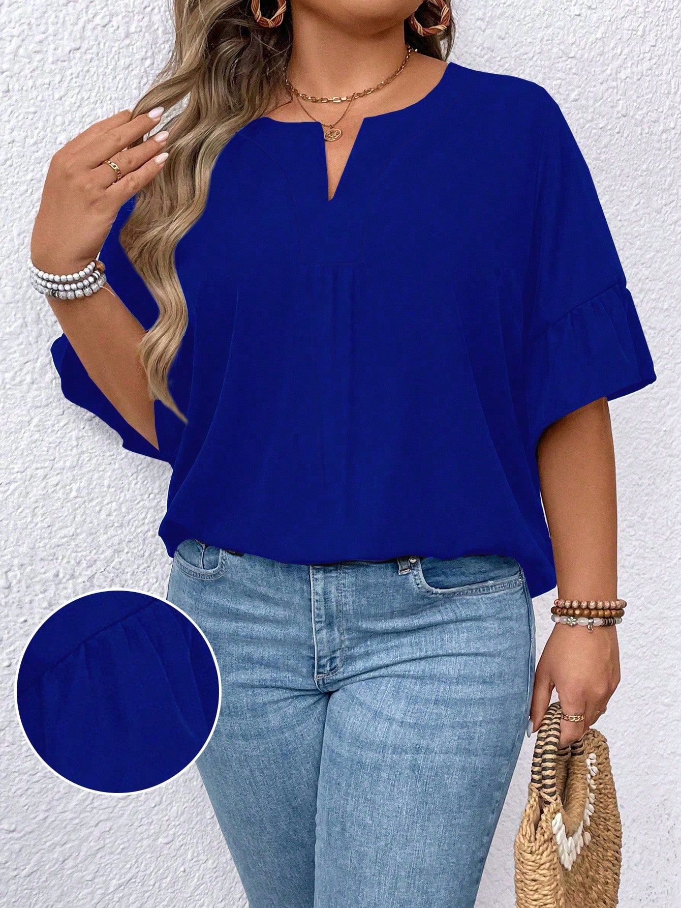 EMERY ROSE Plus Size Royal Blue Summer Elegant Office Blouse,Women's Holiday Leisure Solid Color Notched Neck Ruffle Sleeve Plain Top