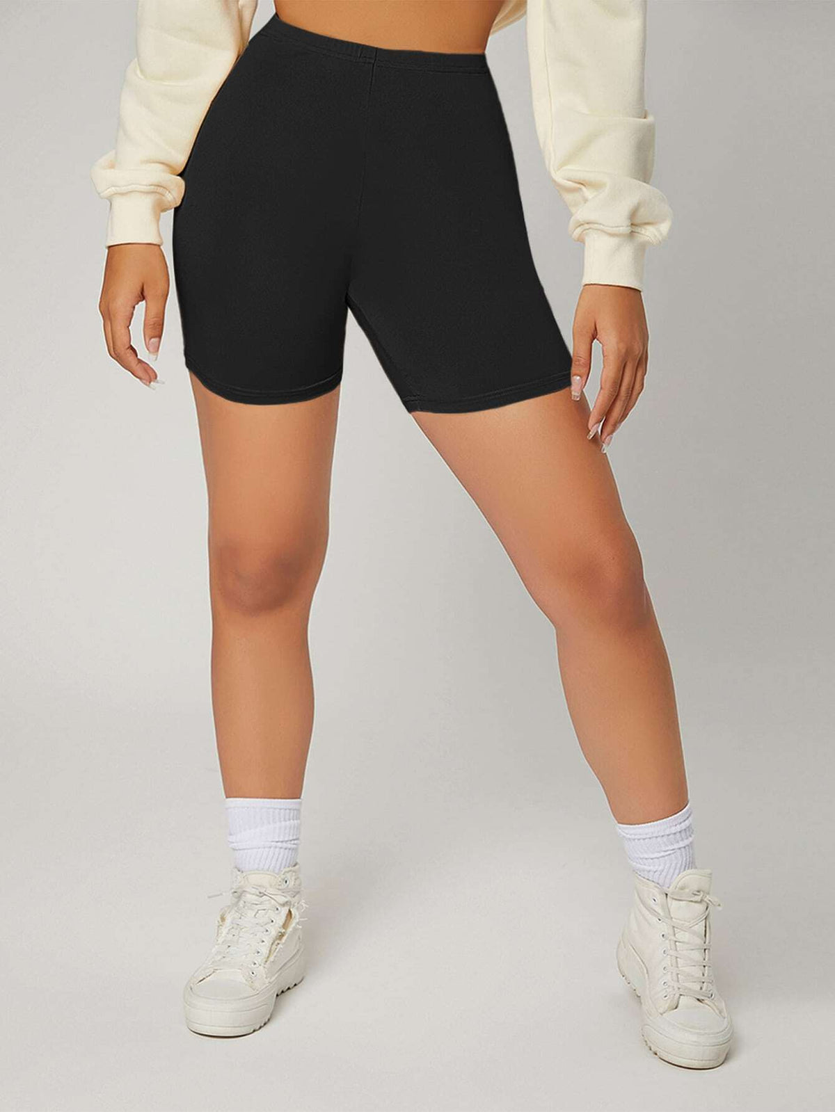 EZwear Summer Solid Blcak High Waist Sports Tight Biker Shorts