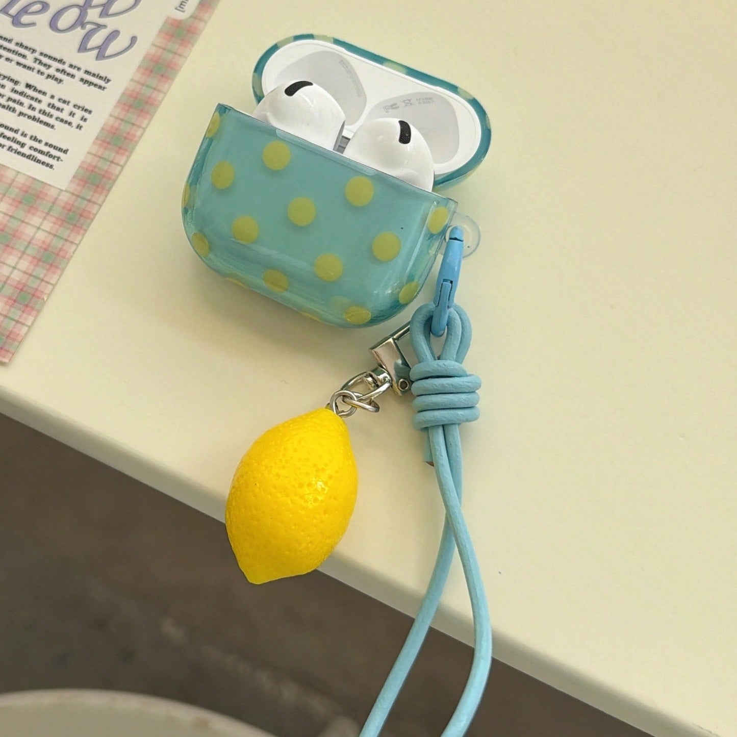 Fresh Semi-Transparent Mint Green Polka Dot + Lanyard Lemon Set Compatible With Apple Pro 3 Case/ Pro 2 Case/ Pro Case/ 4 Case/ 3 Case/ 2 Case/Fashionable Women's Earphone Case/Minimalist Earphone Cas