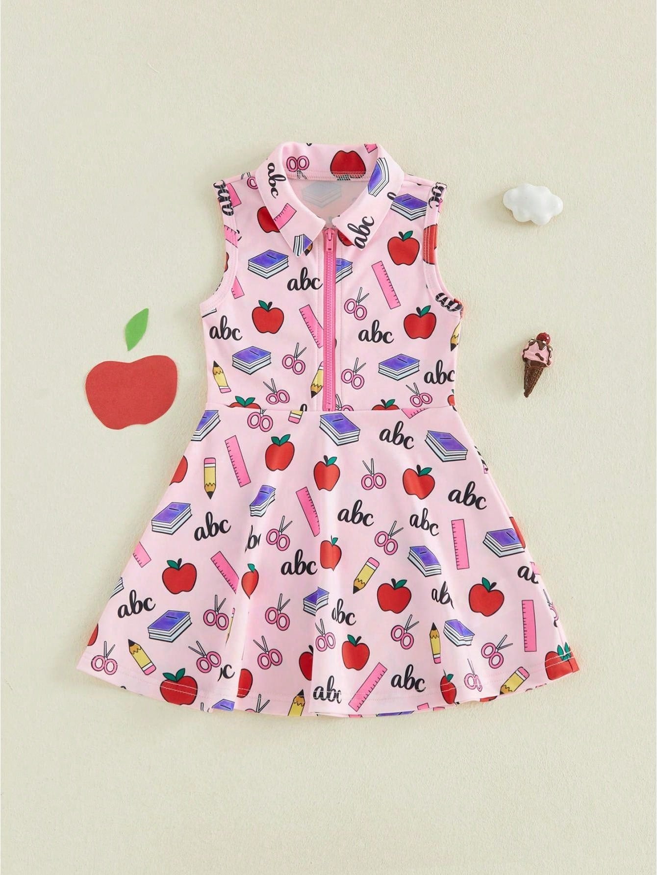 Girls Back To School Dress Sleeveless Lapel Collar Pencil Apple Book Print Half Zipper A Line Tank Dress