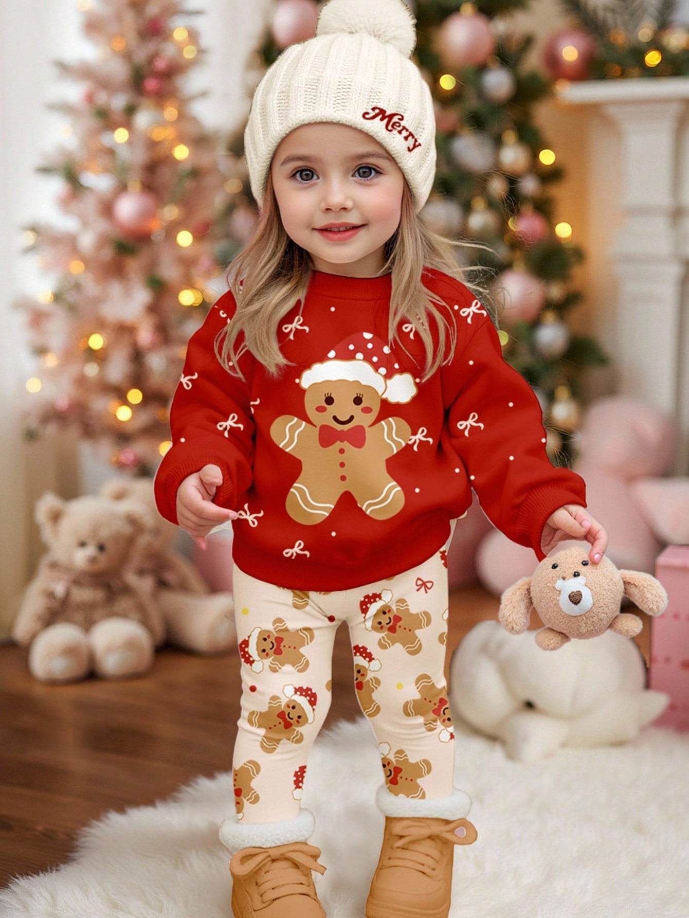 Happikins Red Autumn Cute Modest Matching Family Baby Girls Christmas Gingerbread Man & Bow Print Sweatshirt,Thick Soft Long Sleeve Winter Top
