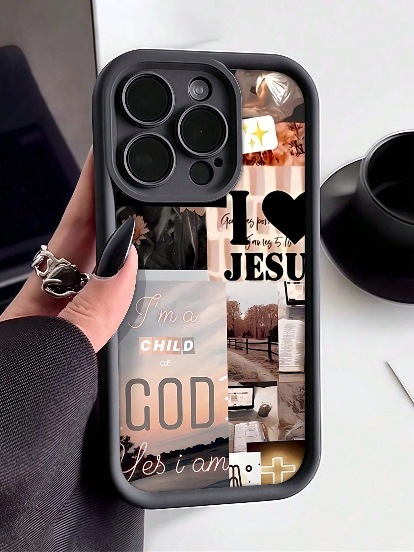 Heart Pattern TPU Black Shock-Proof Religious 1pc Romantic Landscape Patchwork Pattern Full Coverage Phone Case, Compatible With Apple Compatible With IPhone 16/15/14/13/12/11 Pro Max, And Series, Int