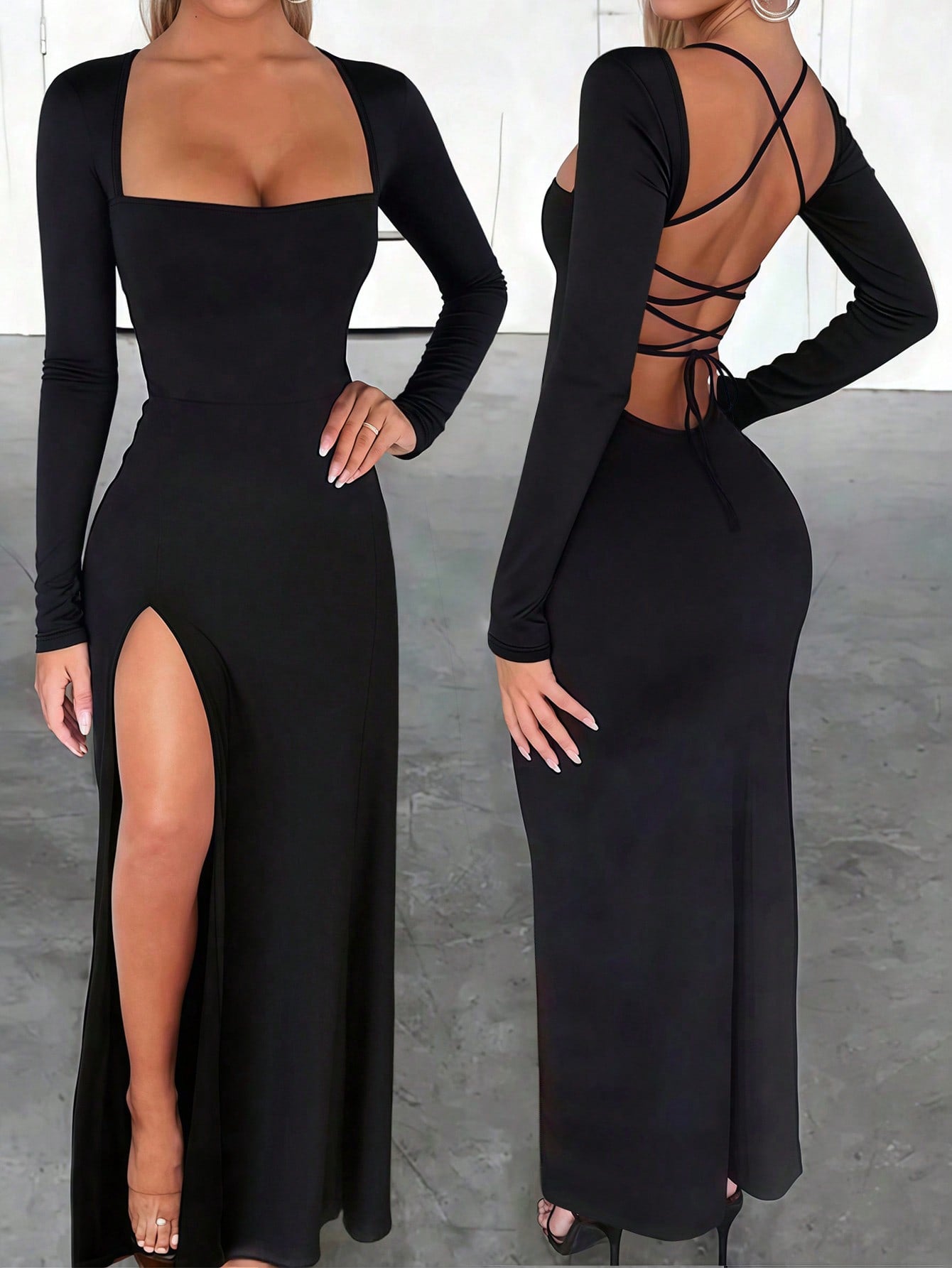 INAWLY Solva Fitted Sexy Square Neck Backless Lace-Up Hem High Slit Long Sleeve Dress For Women
