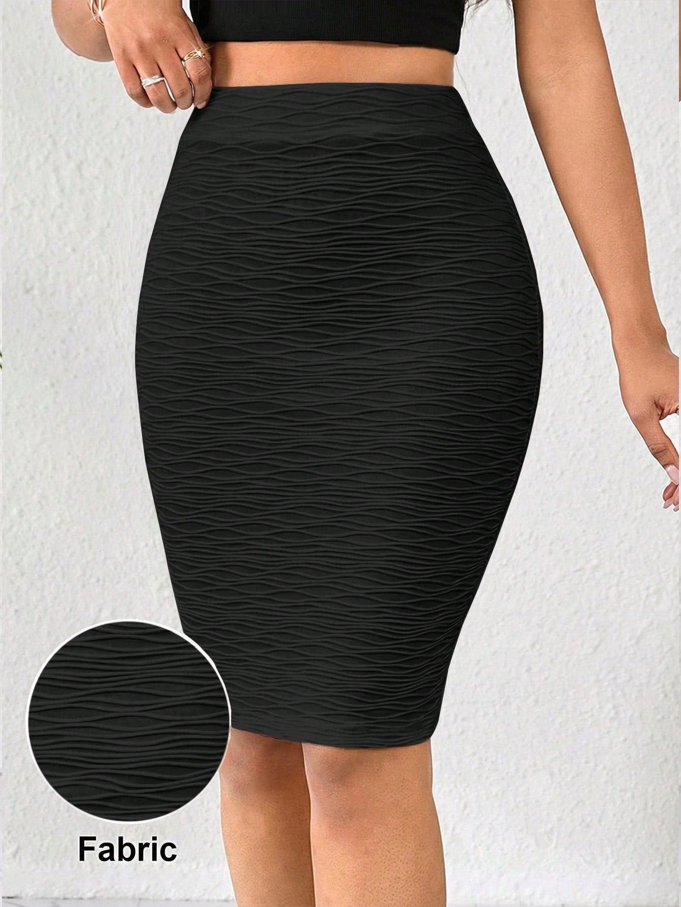 Lady Women Black Skinny Skirt Wavy Pattern Bodycon High Waist Midi Skirt