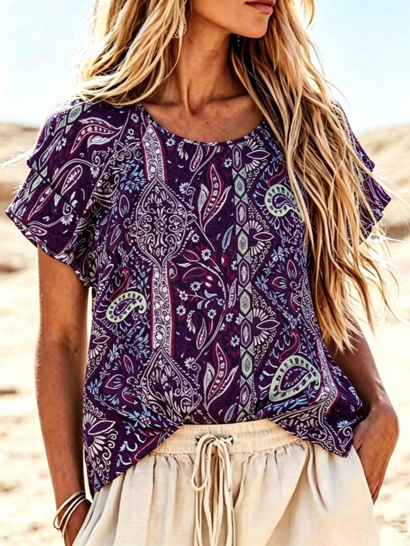 Linhara Plus Size Women's Vacation Style Cashew Flower Ruffle Sleeve Shirt, Summer