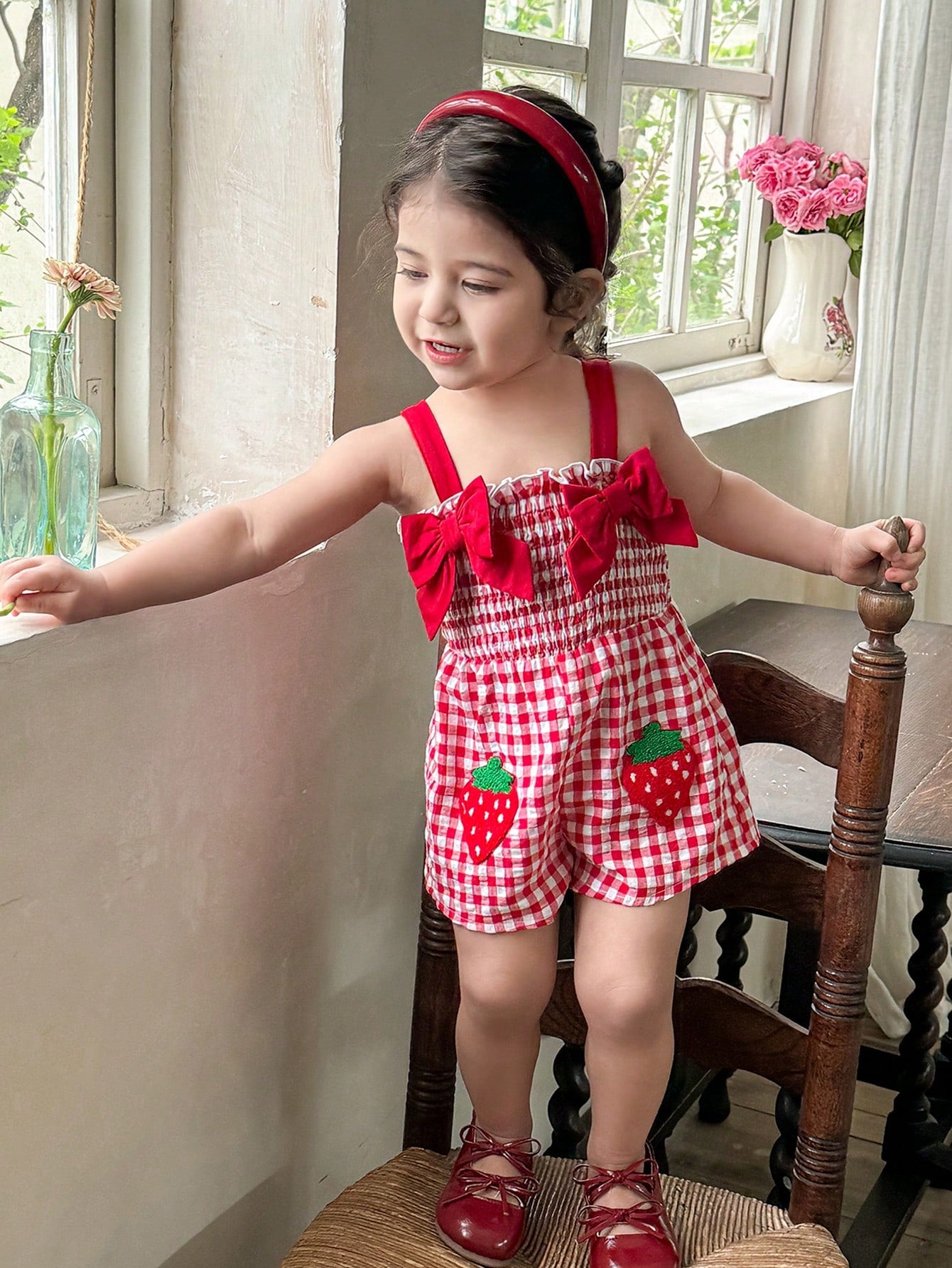 LMoss Kids Cute Babygirl Strawberry Plaid Sleeveless Romper, Summer Casual