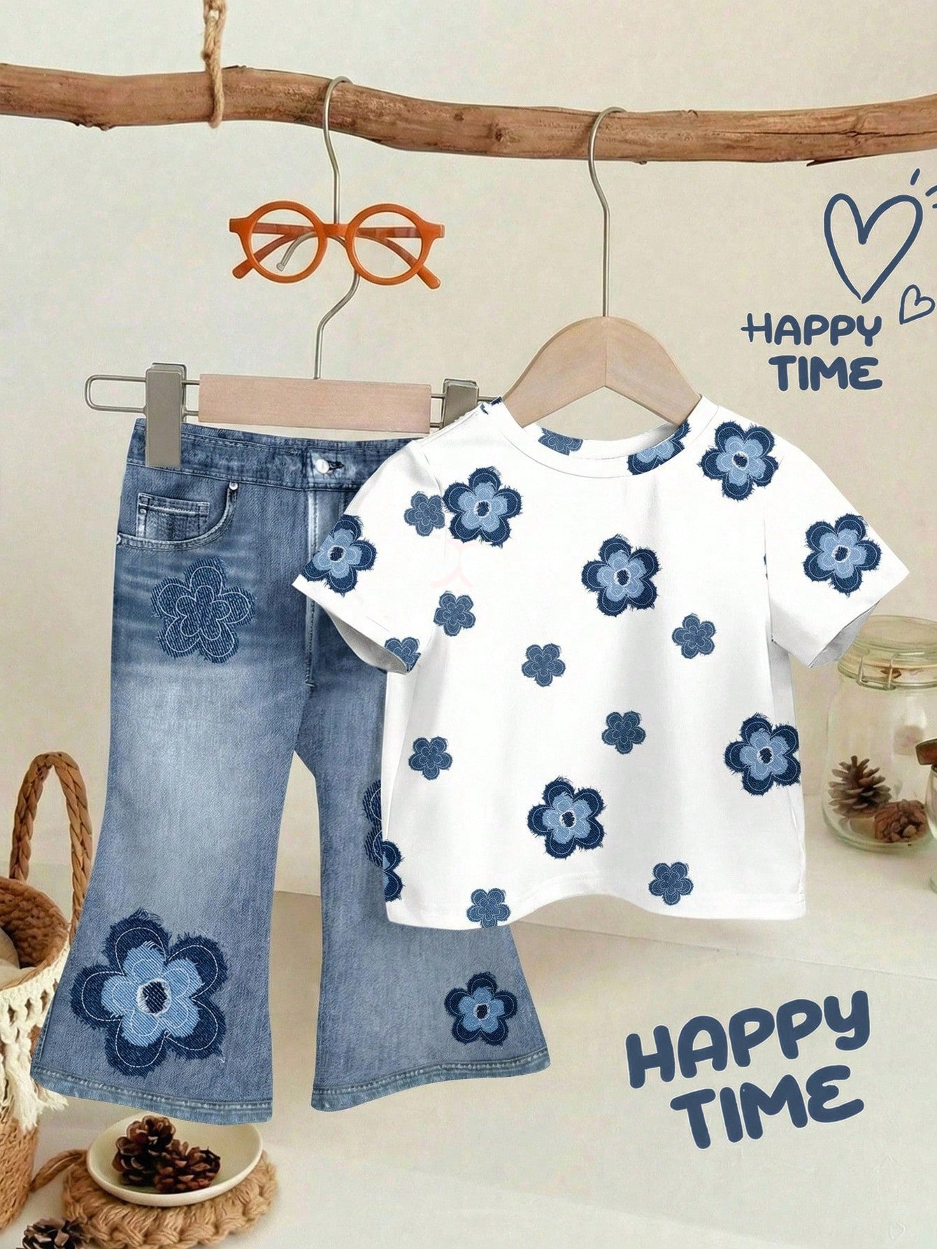 LMoss Kids Cute White Retro Floral Baby Girl 2-Piece Set,Short Sleeve Round Neck T-Shirt And Flowy Flare Pants,Casual Summer Vacation Outfits,Loose Daily Wear