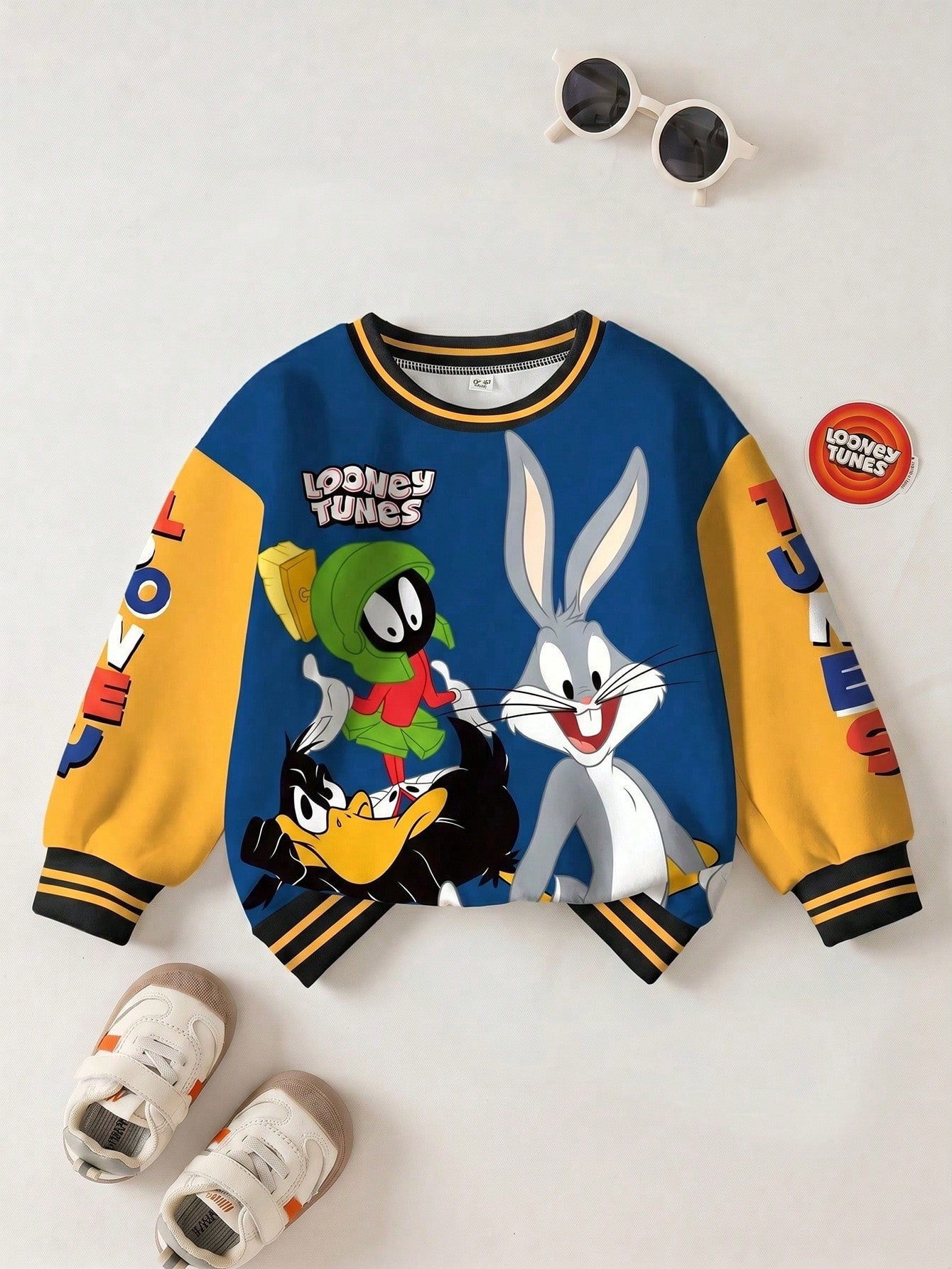 LOONEY TUNES X Baby Boy Casual Colorblock Letter & Cartoon Graphic Crew Neck Sweatshirt, Autumn
