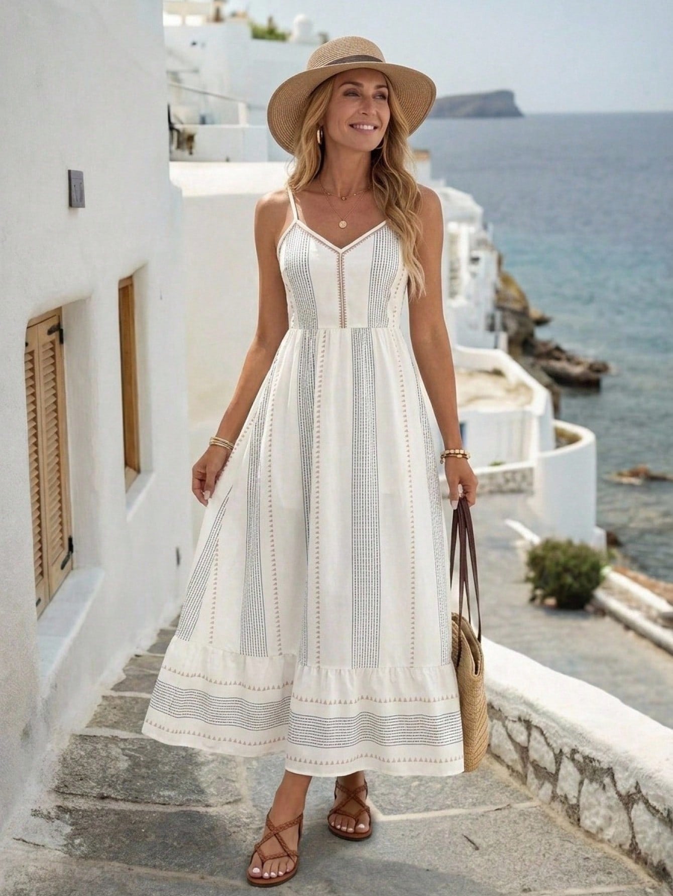 LUNE Women's Holiday Striped Casual Breezy Boho Spaghetti Strap Dress Sun Picnic Vacation Elegant Summer European Outfits Beach Blue White Striped
