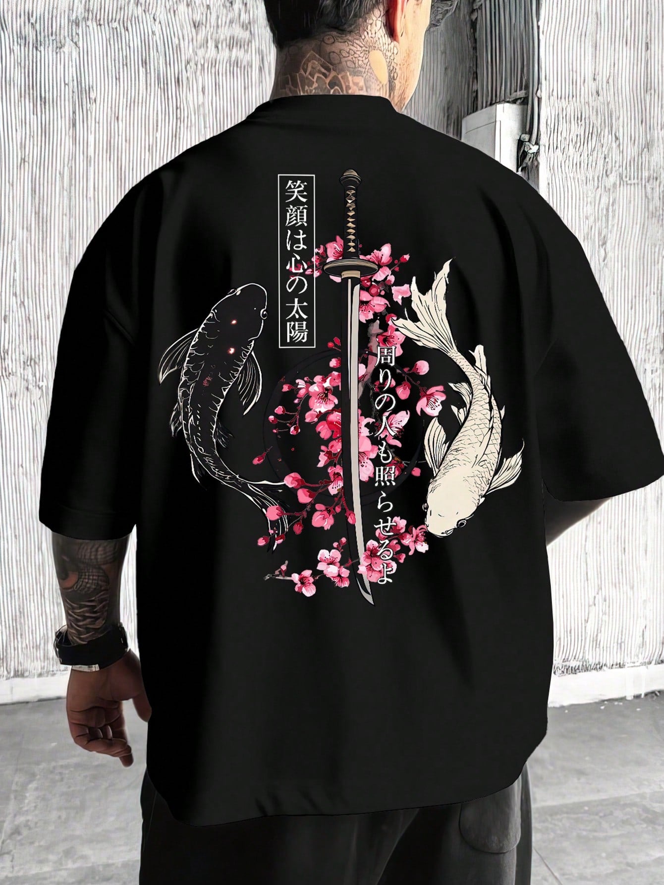 Men's Lightweight 100% Polyester Japanese Koi Samurai Sword Cherry Blossom Print Loose Short Sleeve T-Shirt, Round Neck Streetwear Y2K Harajuku Style Casual Half Sleeve Top, Consumable, Japanese, Anim