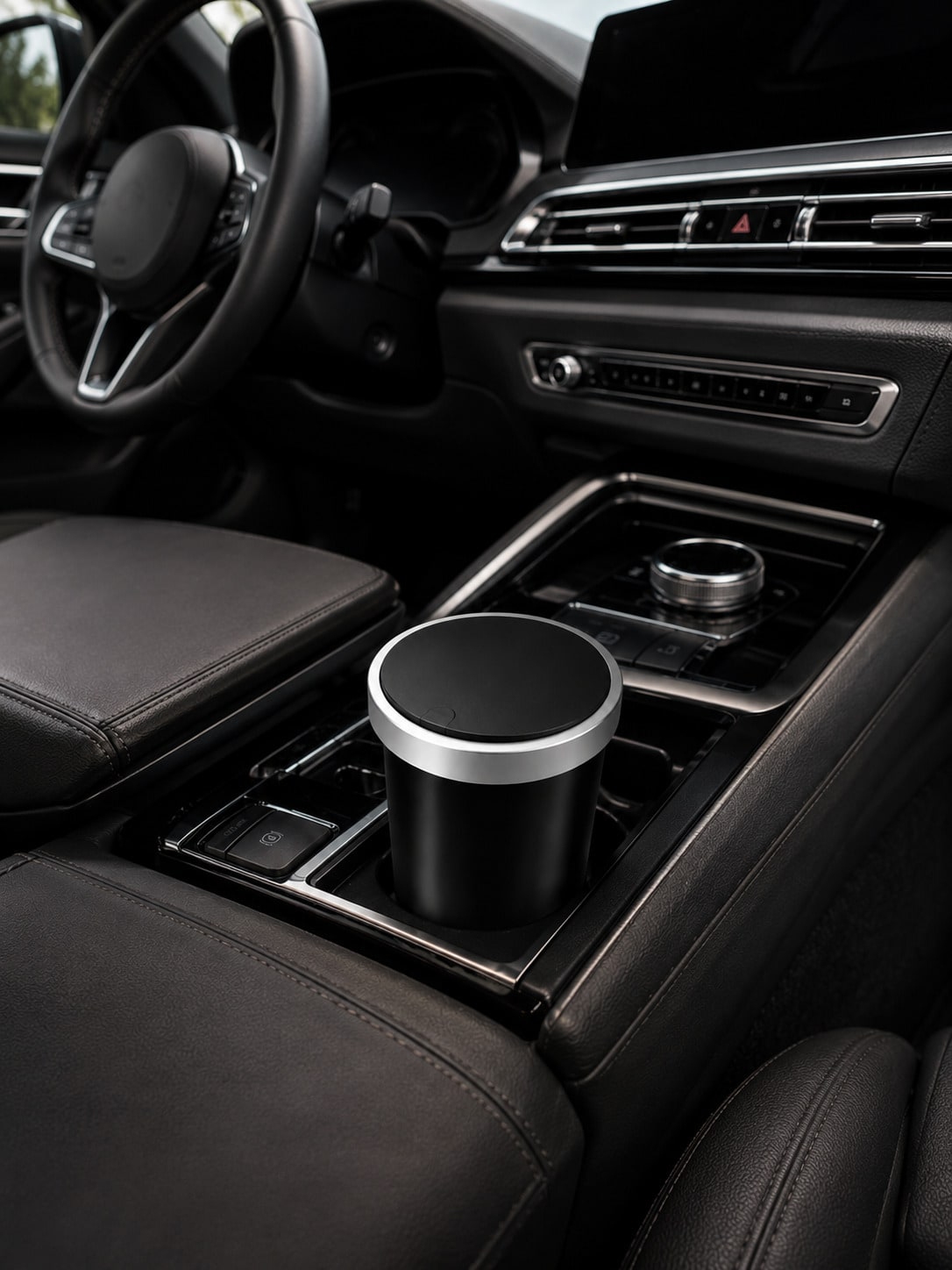 Mini Trash Can With Automatic Pop-Up Lid Design, Car Cup Holder Trash Can, Portable Storage Bin, Universal Small Trash Box For Car Interior And Desktop, Black Minimalist Interior Accessory