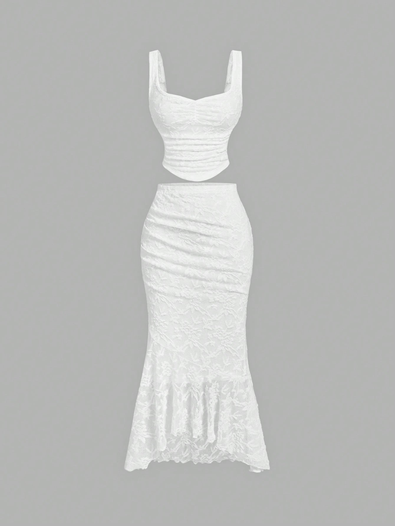 MOD White Lace Vest Fishtail Skirt Two-Piece Set,Elegant Bridal Wedding Summer Women Outfits,Dreamy Formal Prom Bridesmaid Dinner Birthday Ruffle Set