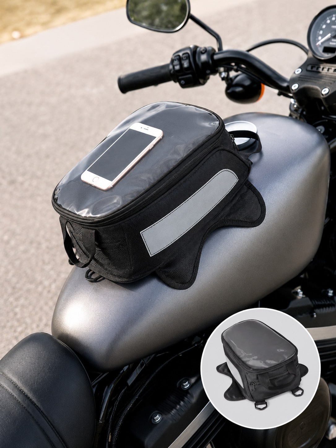 Motorcycle Tank Bag With Touch Screen Phone Pouch, Water Resistant Gas Fuel Oil Tank Bag With Clear Gps Navigation Window & Reflective Strip, Small Convertible Strap Mount Saddle Bag Backpack Shoulder