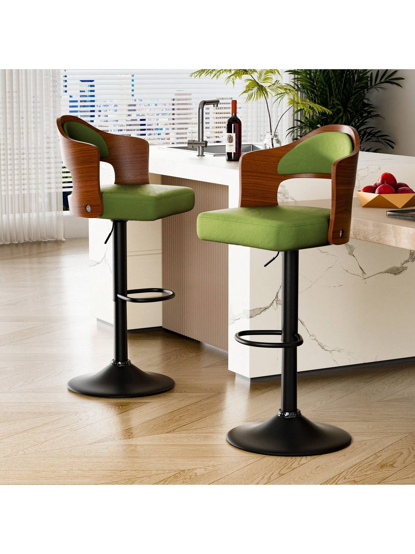 Nalupatio Wooden Barstools PU Leather Upholstered Bar Chairs Set Of 2 With Back & Footrest