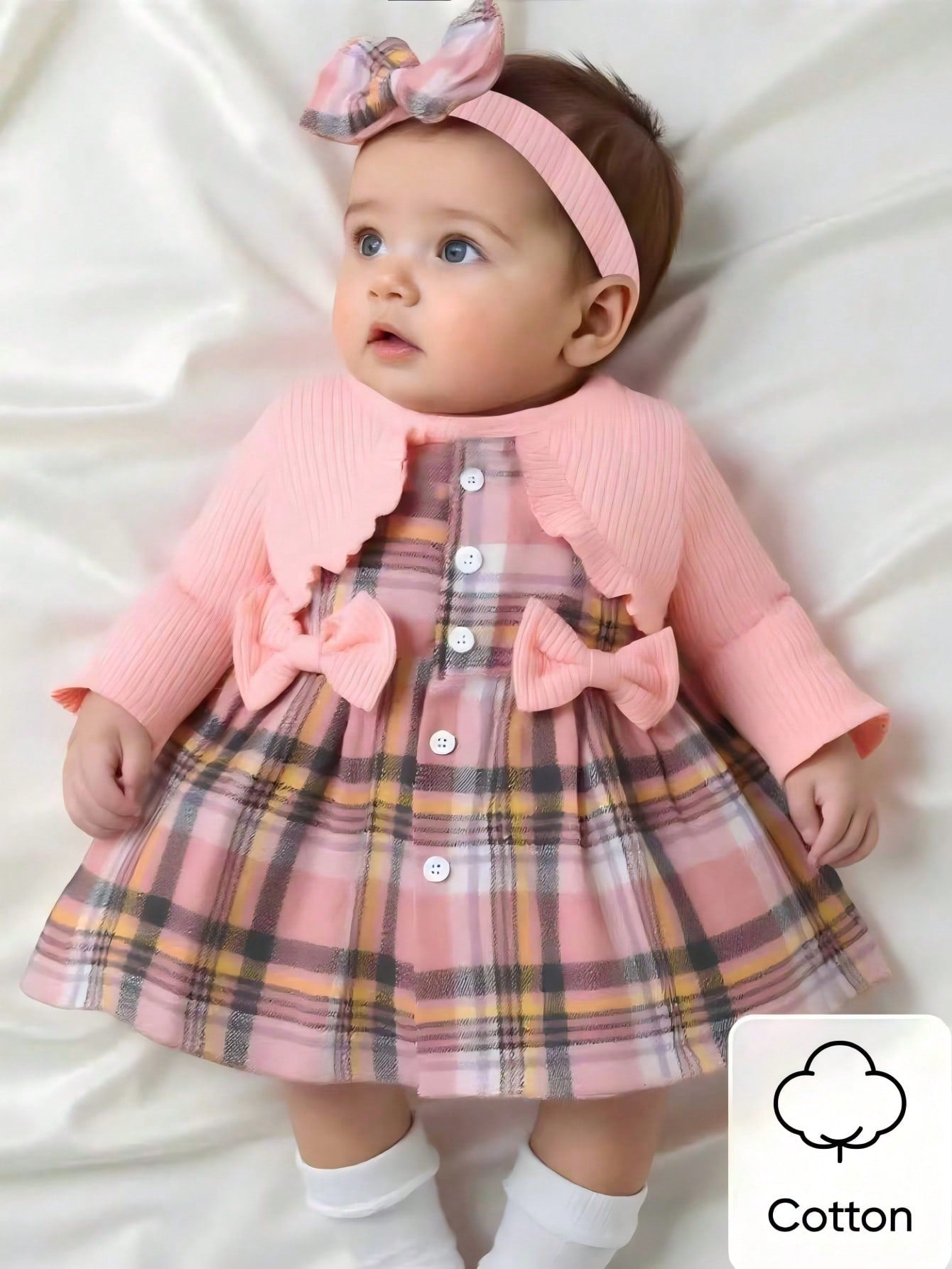 Newborn Baby Girl Pink Bow Lace Long Sleeved Patchwork Plaid Dress And Same Color Headband Autumn And Winter New Fabric Comfortable Style Novel Fall