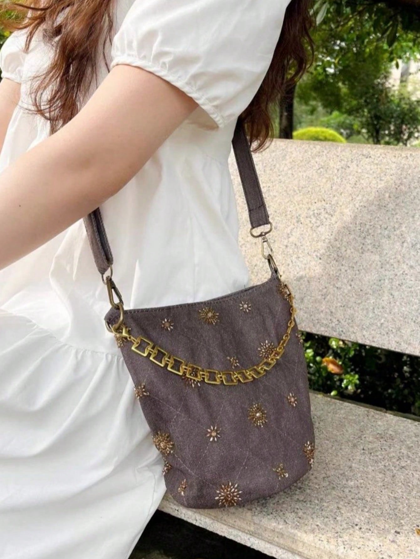 Niche Design Beaded Embroidery Bucket Bag, Summer Denim Effect Shoulder Bag, New Chinese Style Fashion Versatile Commute Outing Shopping Crossbody Bag For Women