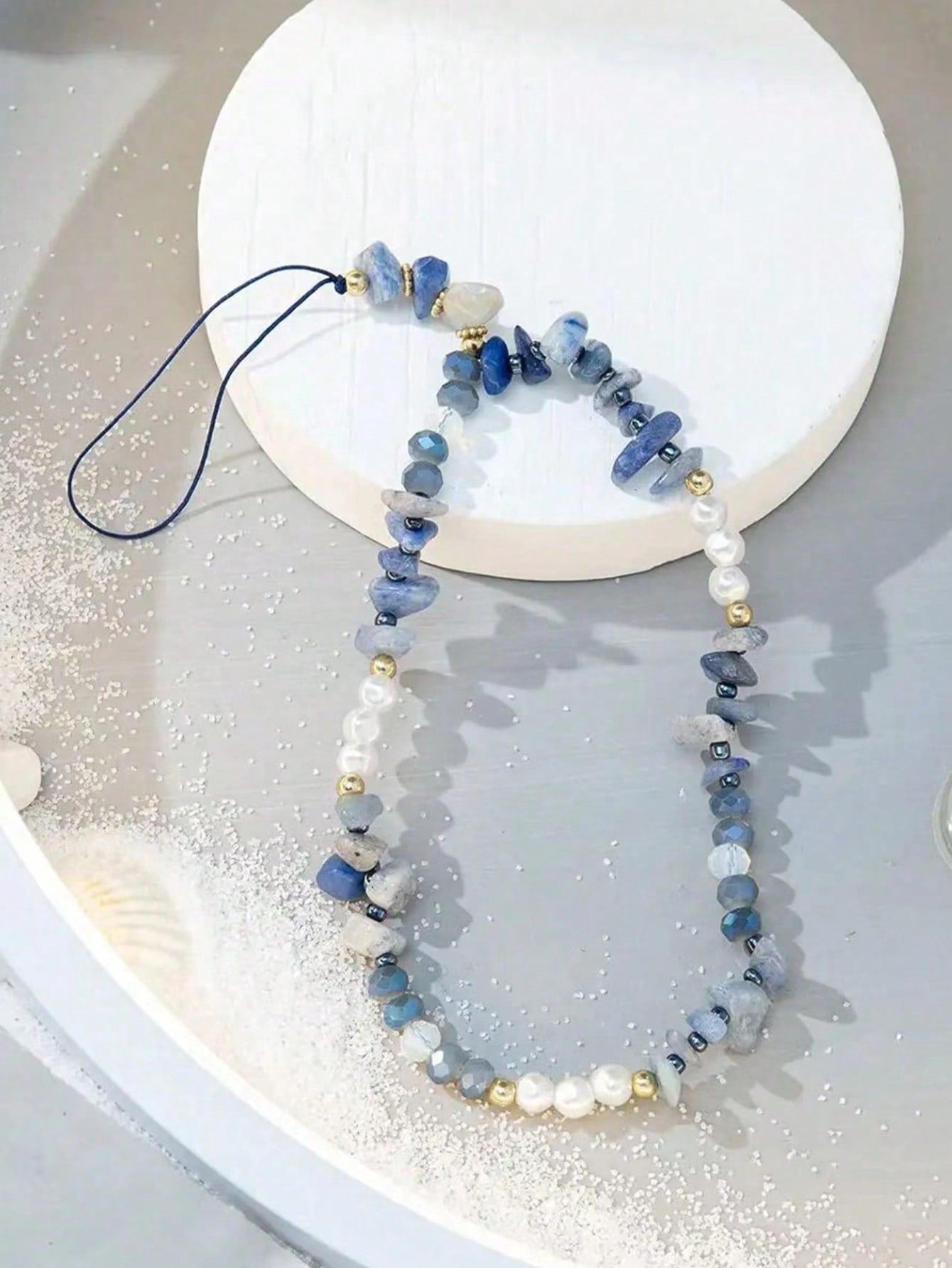 Niche Design Lapis Lazuli & Pearl Mobile Phone Strap, Natural Stone And Freshwater Pearl Mix Gradient Blue, Cure Vibe, Suitable As Phone Pendant Or Hanging Decoration, Artistic And Unique, Add Some Be