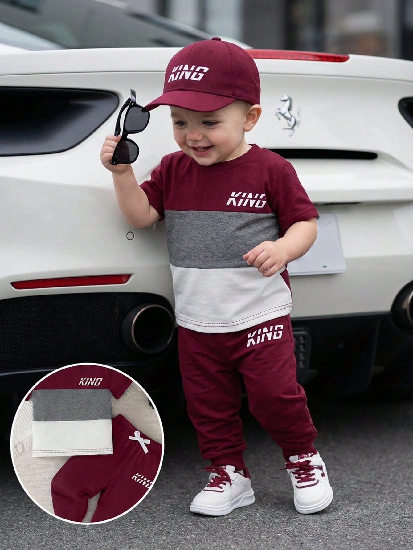 Playful Pals 2pcs/Set Baby Boy Burgundy Autumn Casual Outfit Color Block Letter Print Short Sleeve T-Shirt&Elastic Waist Pants City Break Fashion Kids Clothes