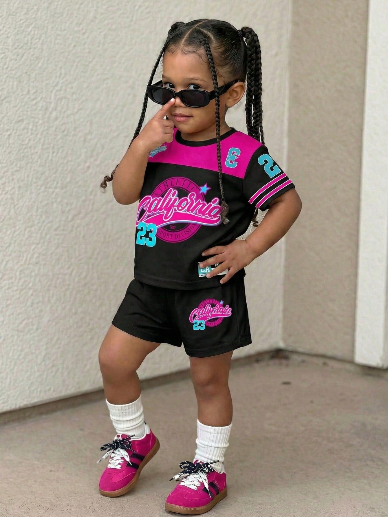 Playful Pals Baby Girls 2-Piece Outfit Set Black Pink Short Sleeve T-Shirt & Shorts Summer Casual City Break Sport Striped Cartoon Print Tracksuits For Outdoor