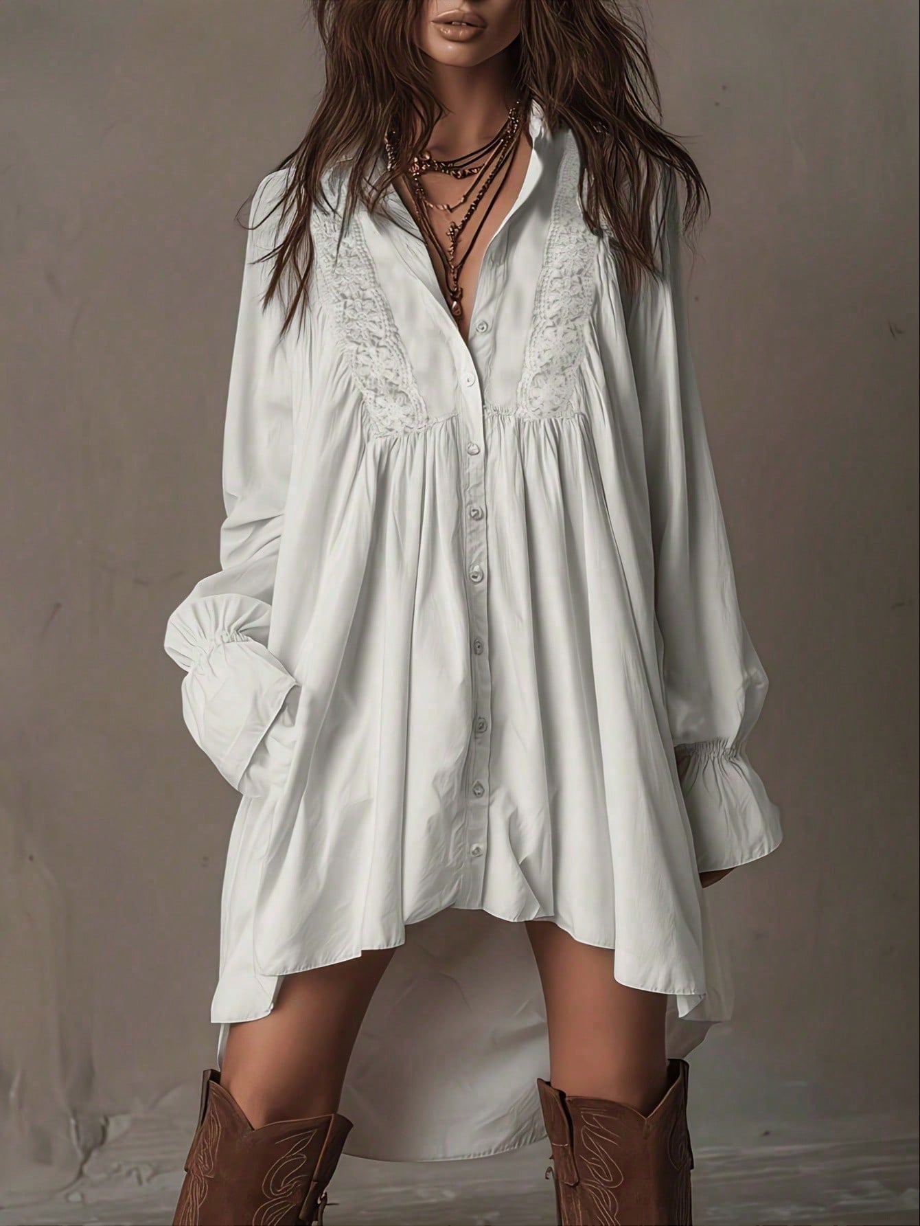 Plus Size, Bohemian-Style White Lace Patchwork Shirt Dress, Loose, Short Front And Long Back Irregular Shirt Dress, Retro Flared Sleeve Vacation Dress