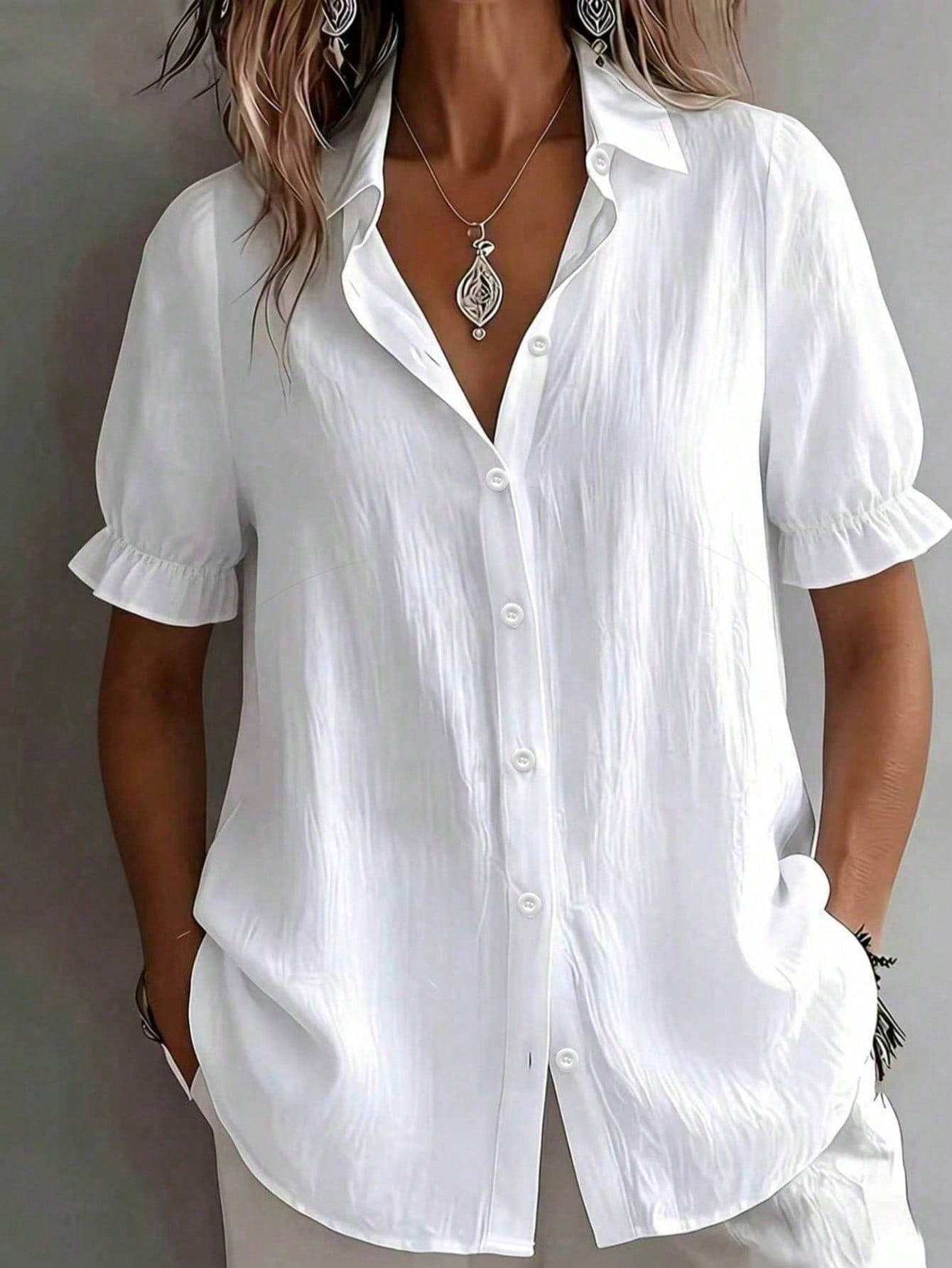 Plus Size White Short Sleeve Shirt With Tie Collar Vacation Summer