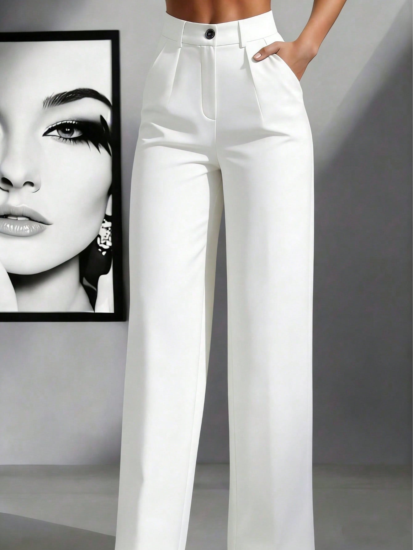 Plus Size Women Solid Color Lapel Loose Casual Pants, Suitable For Spring And Autumn White Fall