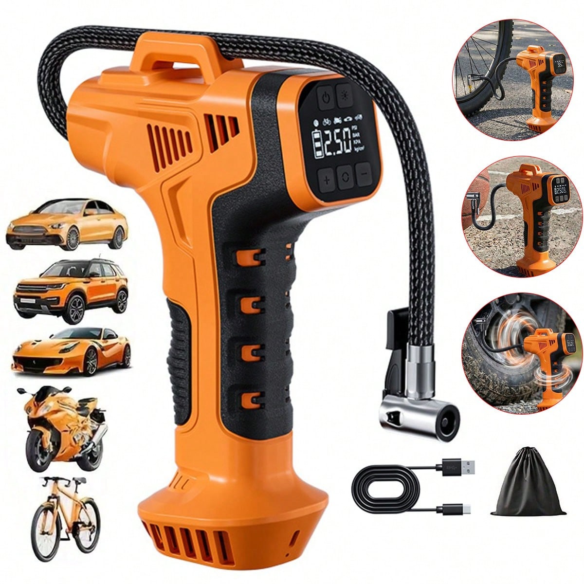Portable Tire Inflator Pump – Wireless Car Motorcycle Bicycle Air Compressor, Digital Pressure Gauge, Fast Inflation, Auto Stop, LED Light, Multi-Purpose Electric Pump 7.4V 1500MAH
