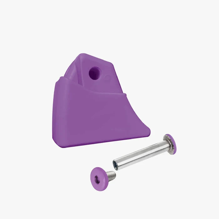 Purple plastic corner protector with a metal screw on a white background
