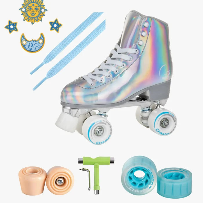 Iridescent roller skates with accessories on a white background