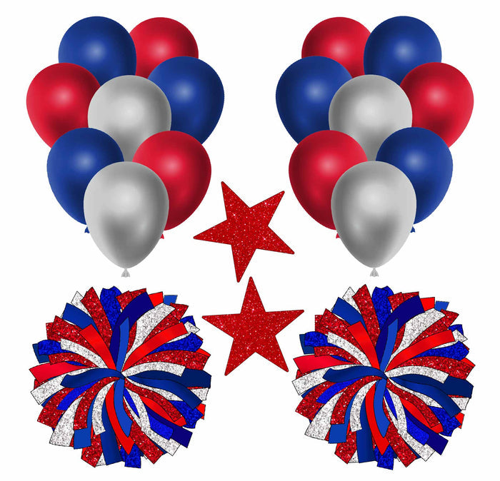 Red Blue Silver Balloons and Red Blue Silver Pom Poms Half Sheet (Must Purchase 2 Half sheets - You Can Mix & Match)