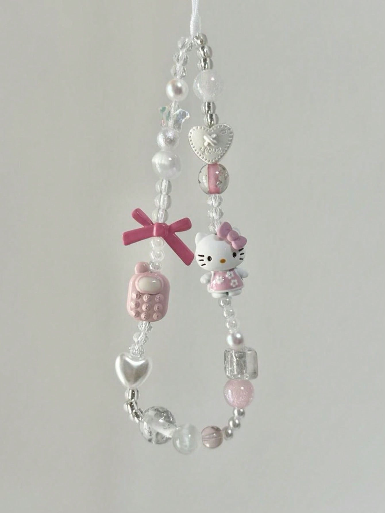 SANRIO 1pc 3D Pink Beaded Phone Charm, Handmade Cartoon Bow Keychain, Creative DIY CCD Camera Crystal Lanyard Pendant, Anti-Lost Accessory Compatible With Android And Most Smartphone,Gifts For Mother