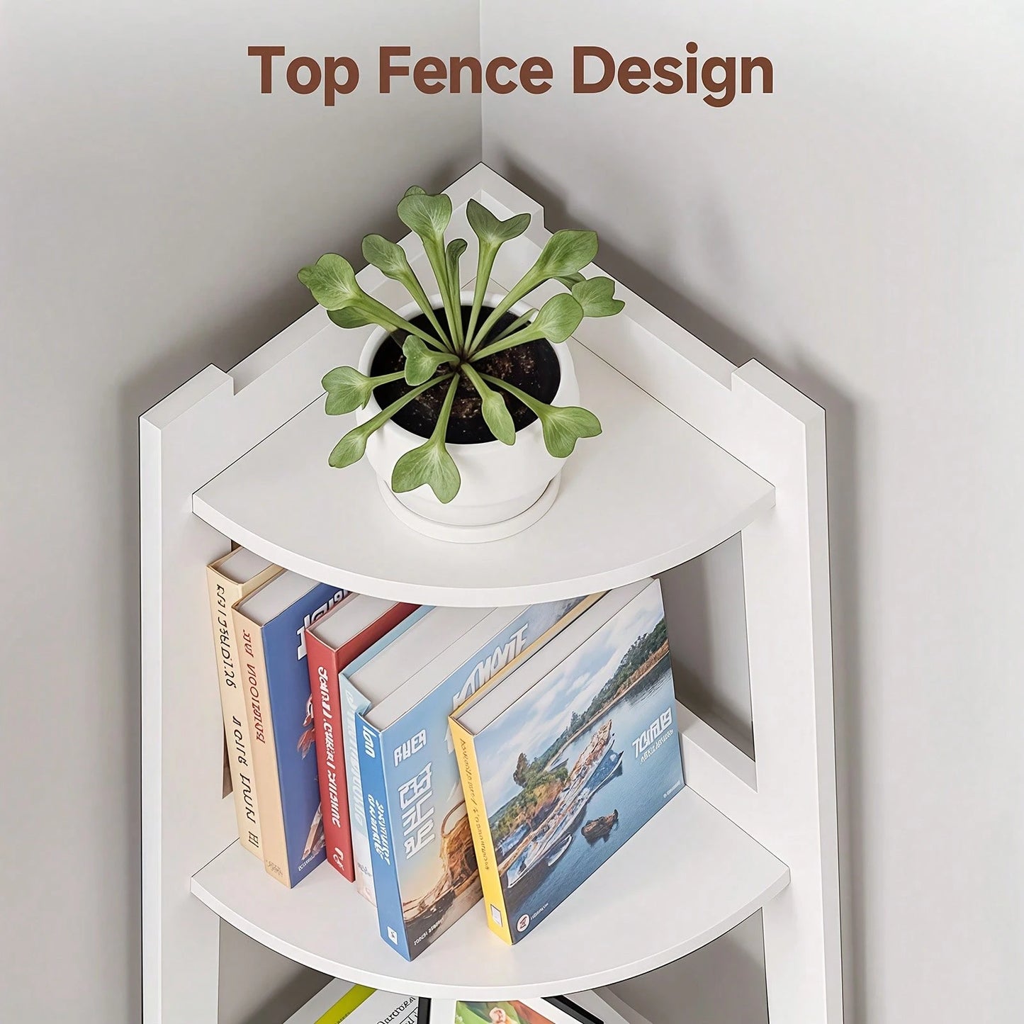 Senmeo Extra Large 5-Tier Corner Bookshelf| Heavy-Duty Space-Saving Modern White Bookcase For Home Office, Living Room, Kitchen, Balcony- Floor Mount, Versatile Shelving Unit, Durable, Boho Style, C