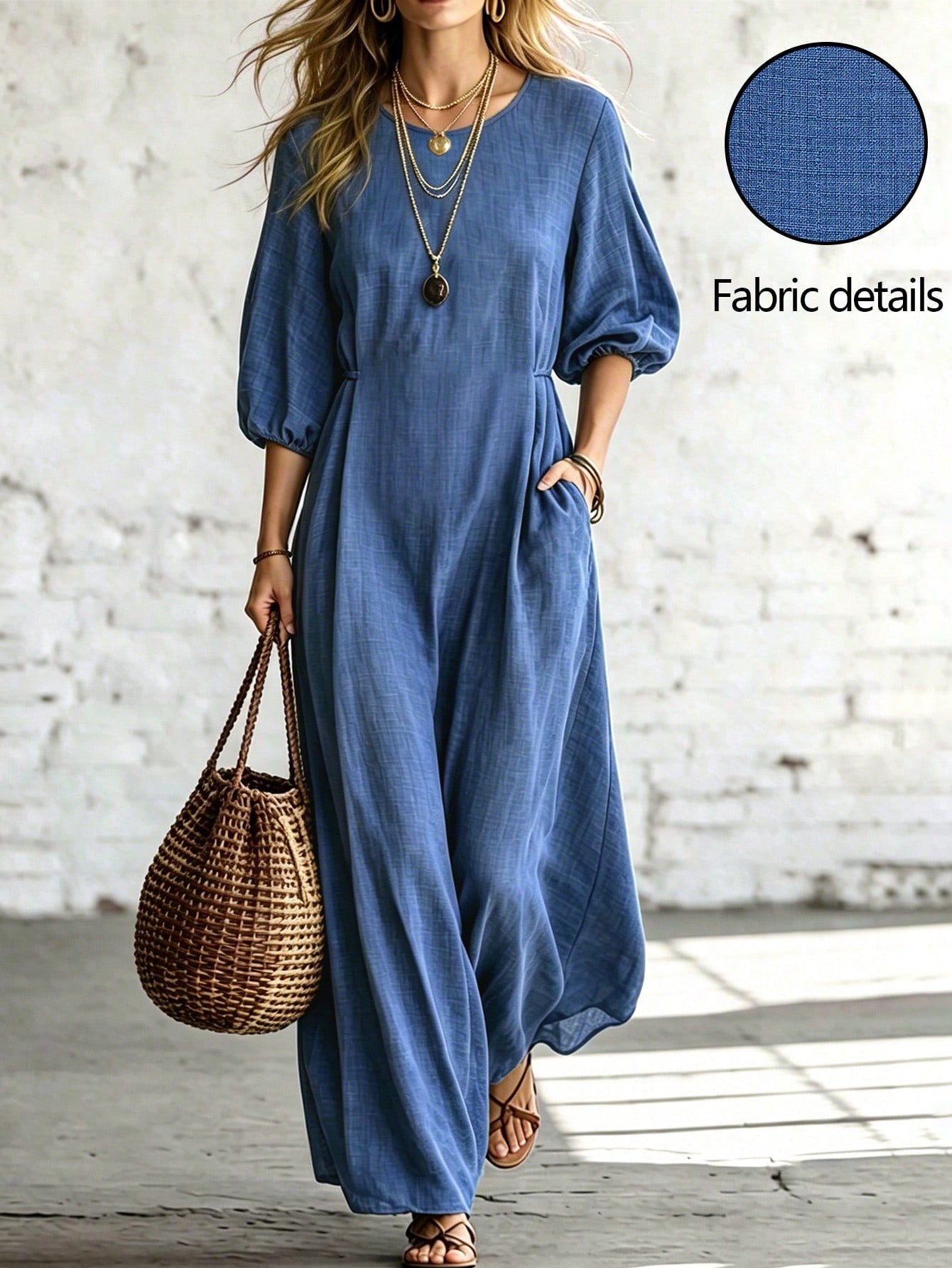 SHEIN LUNE Women's Summer Lantern Sleeve Round Neck Blue Long Dress
