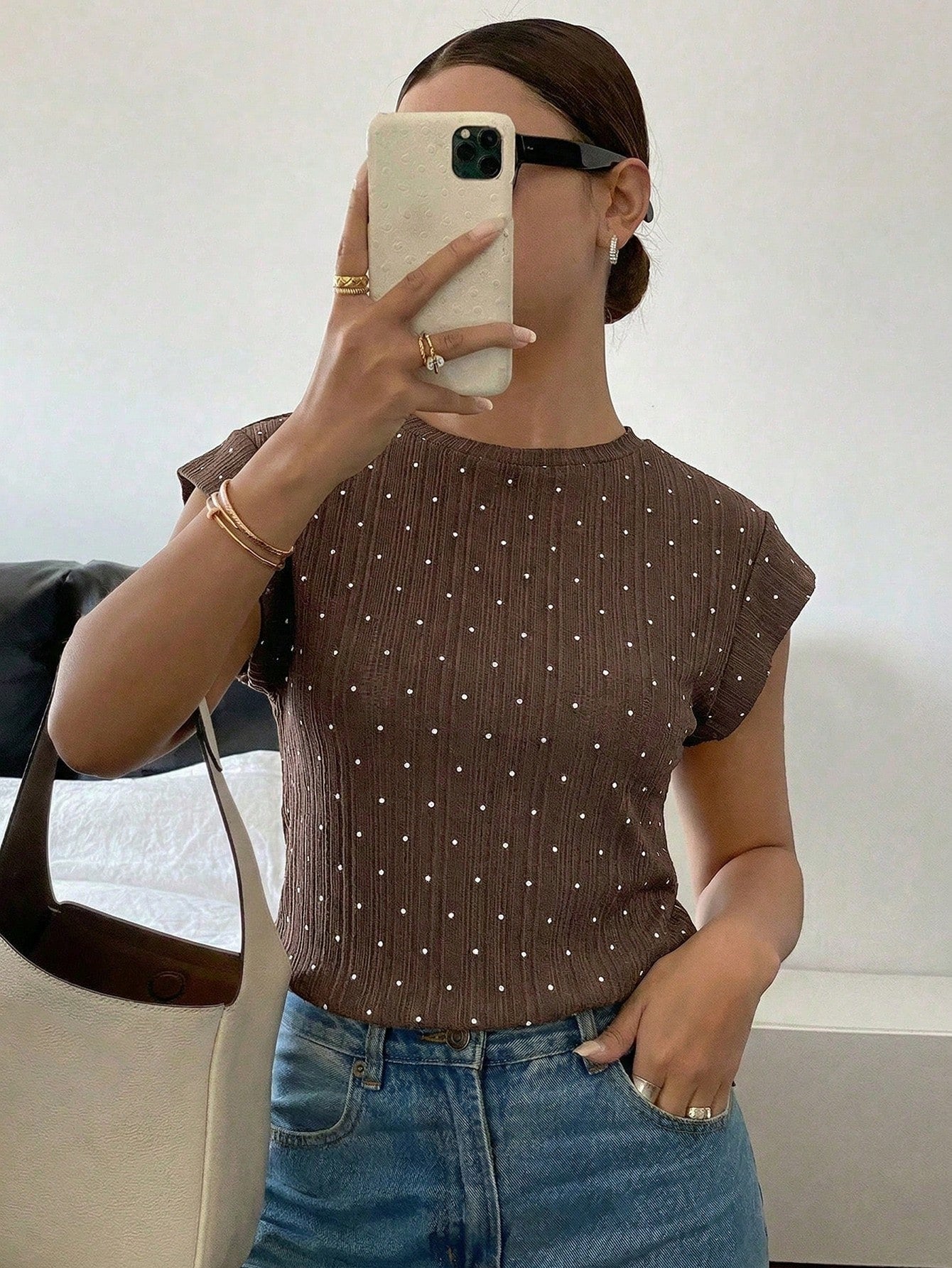 Siren Gaze 2026 Women's Casual Polka Dot Print T-Shirt, Women's Summer Casual Brown Polka Dot Top Elegant Crew Neck Cap Sleeve T-Shirt Top, Elegant Polka Dot Top For Women Summer Casual Textured Cap S