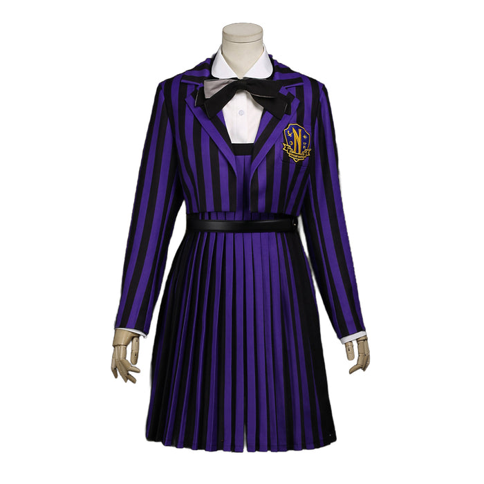 【Size XS-2XL】DokiDoki-R TV Cosplay Addamms Costume Uniform Purple Black Stripes