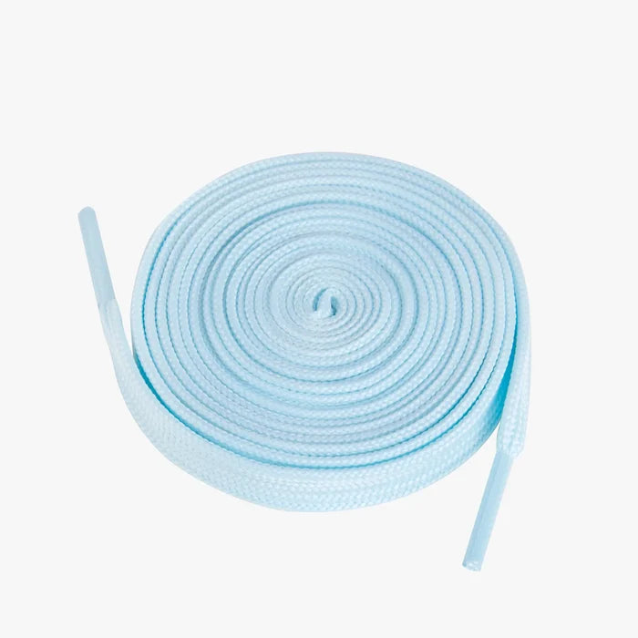 Light blue shoelaces coiled on a white background