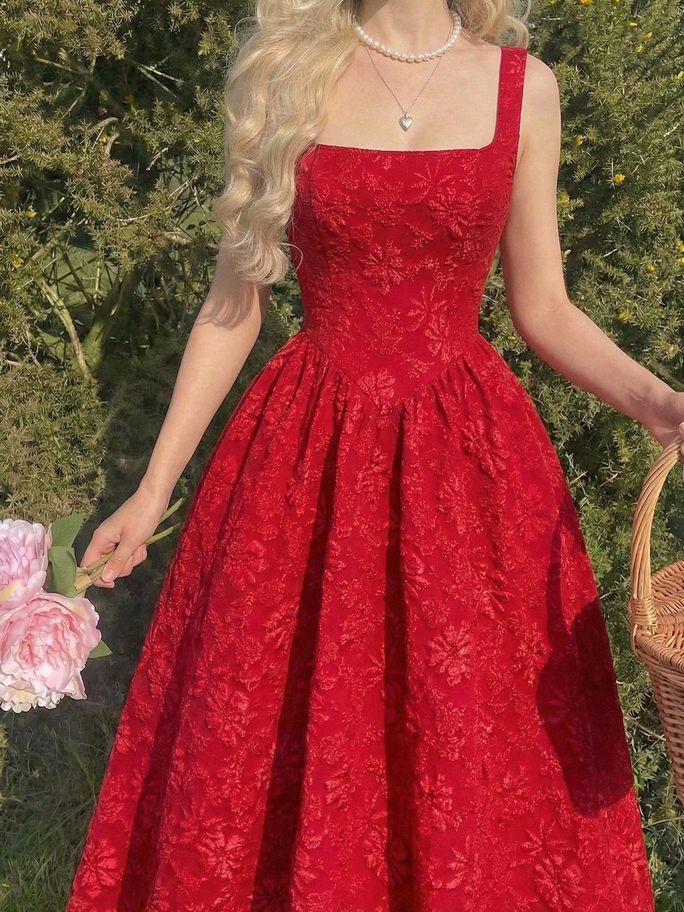 Skyraze Women's Red Vintage Palace Style Jacquard Midi Dress,Elegant Floral Embossed Summer Picnic Outfits, Wedding Guest Formal Ceremony Party Gown
