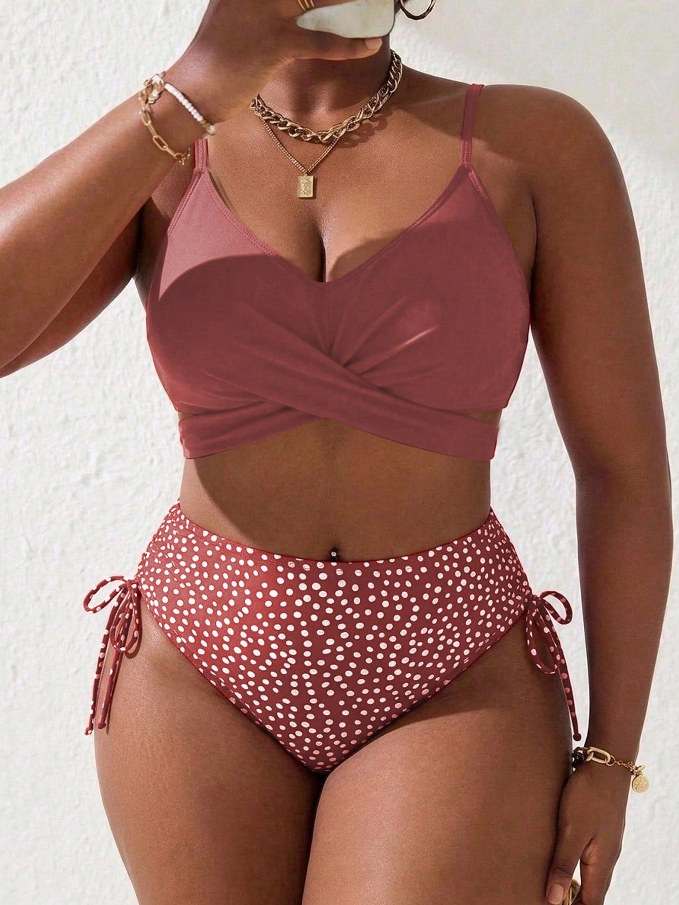 Slaydiva Plus Size Women's Printed 2-Piece Spaghetti Strap Criss-Cross Front Triangle Bikini Set, Suitable For Vacation & Beach