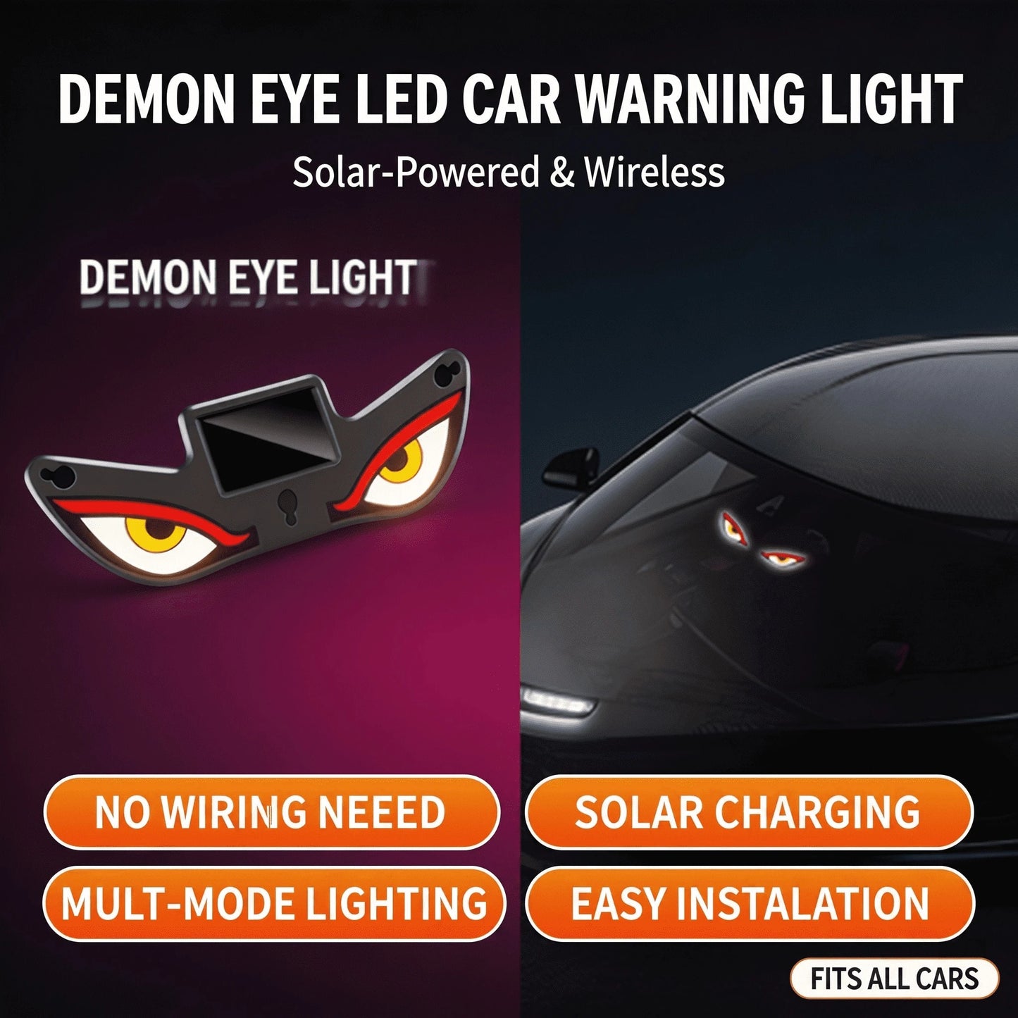 Solar Powered Demon Eye LED Car Window Warning Light, Wireless Triangle Corner Decorative Lamp With Multi-Mode Lighting, Auto On/Off Light Sensor For Vehicle Side Window Interior Ambient Glow, No Wiri
