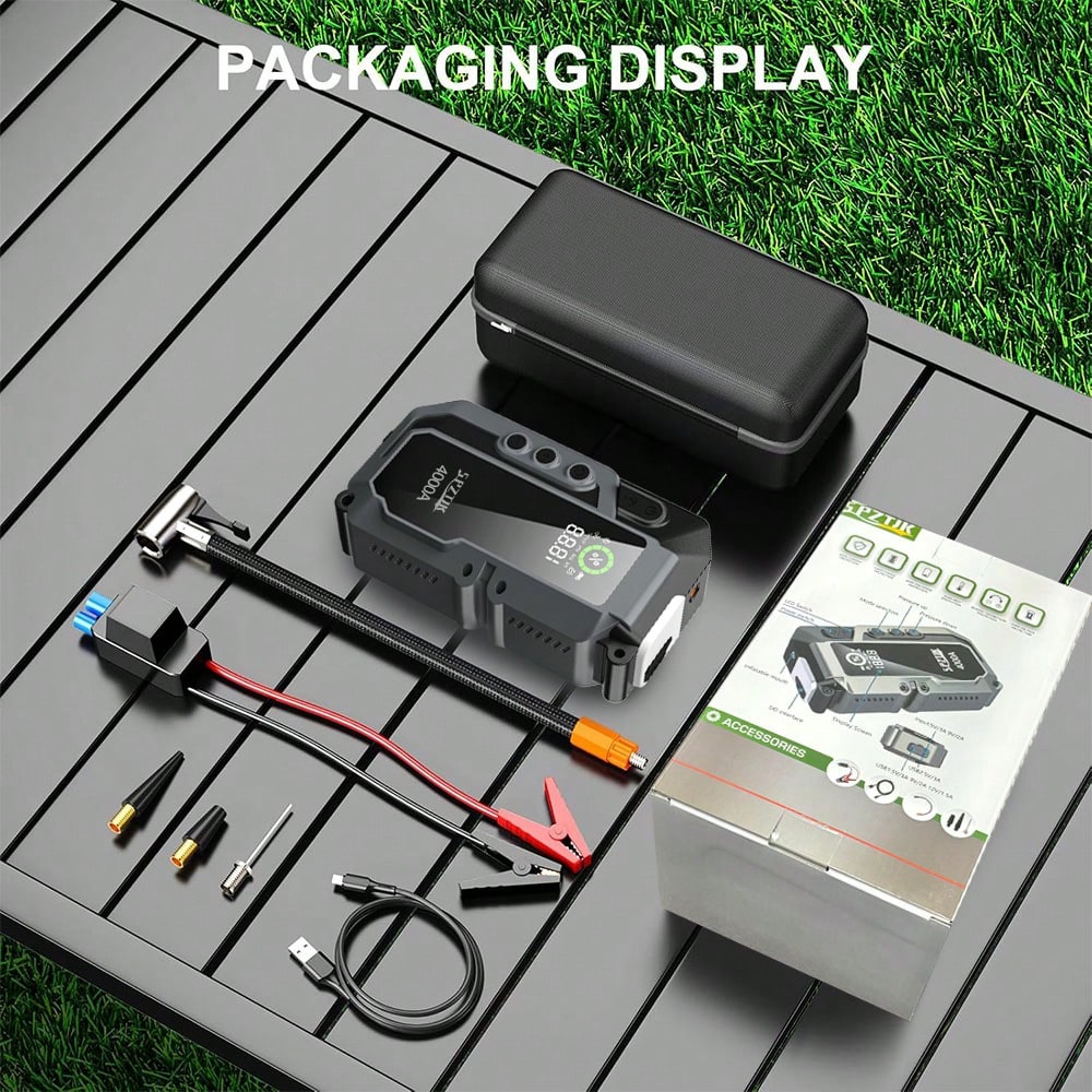 SPZTJK 4000A Car Battery Jump Starter- Portable Power Pack With Extended Smart Jumper Cables, Quick Charge, Large Display, LED Lights, And Safety Protections For 3.0gal Gas And 2.0gal Diese L Engines