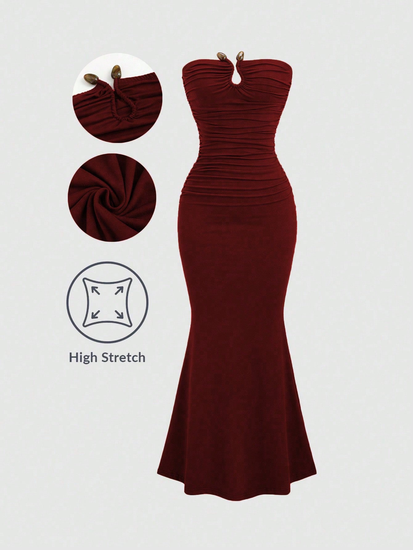 Sweetra Solid Color Pleated Circular Decor Strapless Sleeveless Burgundy Dress Maxi Women Outfit