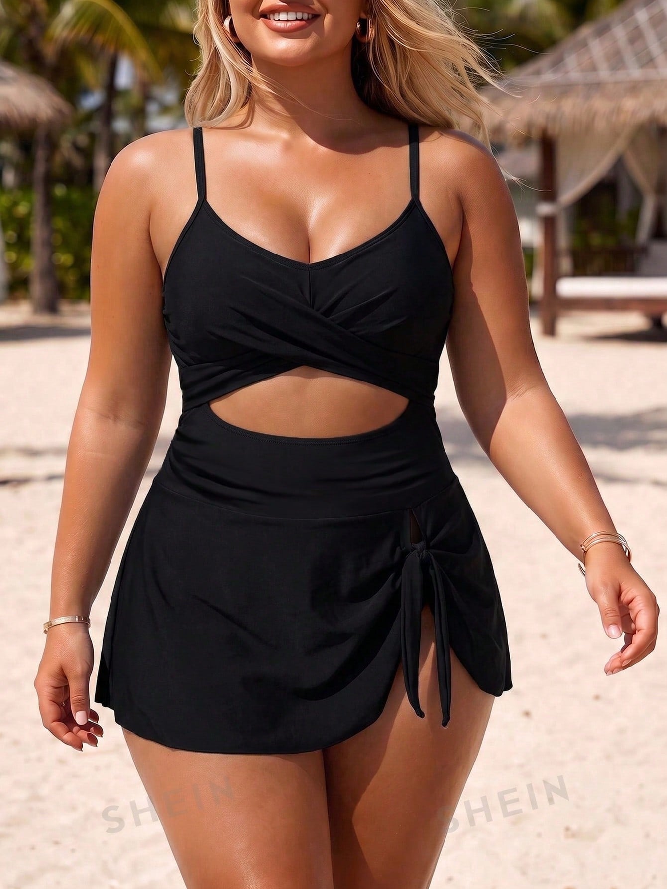 Swim Lushoire 2026 New Spring/Summer Plus Size Women's Vacation Beach Wear Solid Color Cutout Design Spaghetti Strap Swim Dress With Swim Shorts