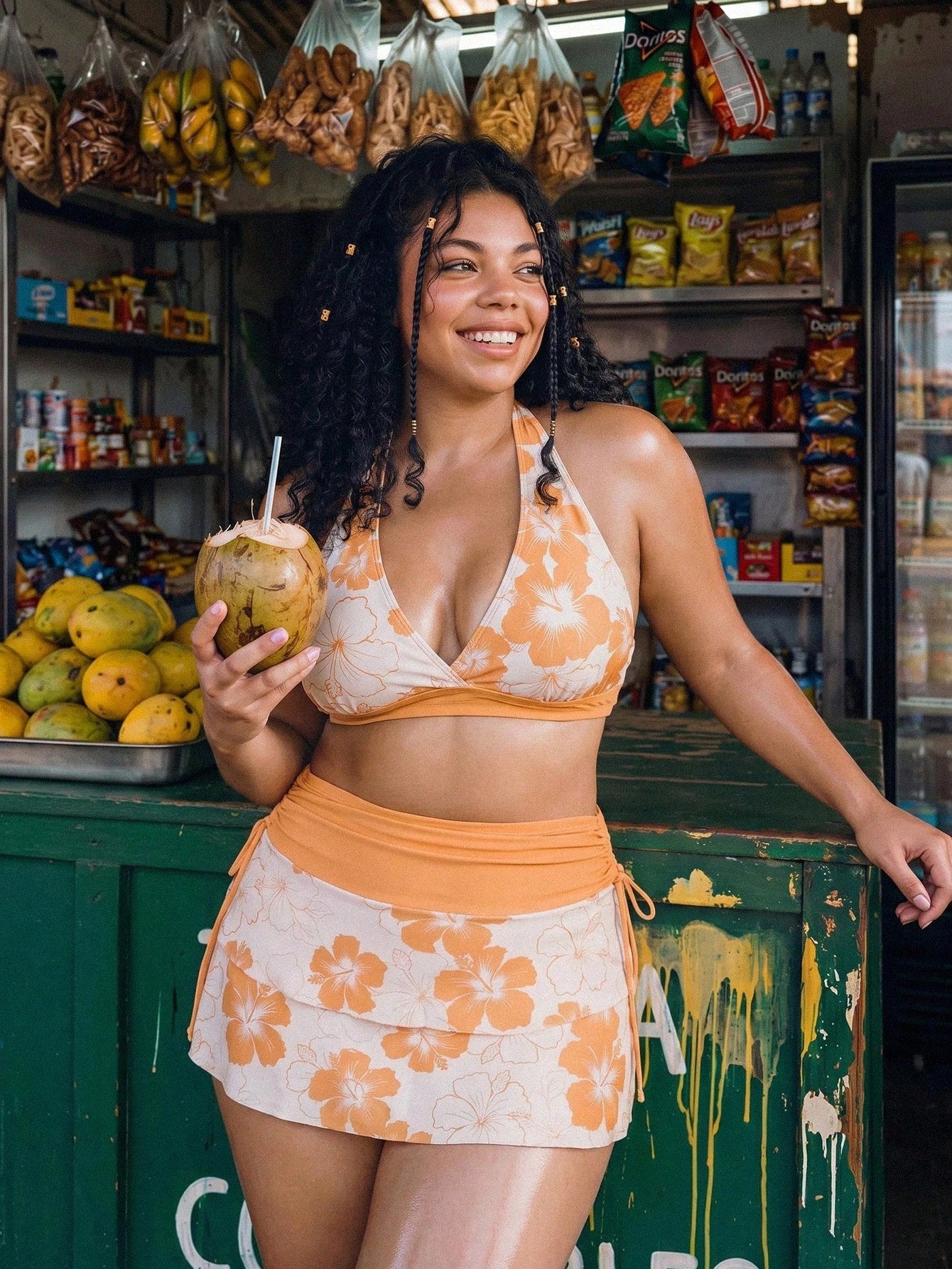 Swim Mod 2026 New Summer Beach Vacation Women's Orange & White Ditsy Floral Bikini 3-Piece Set, Bohemian Style Halter Triangle Top And Mini Skirt, Summer Beach Vacation Casual Plus Size Swimsuit Set
