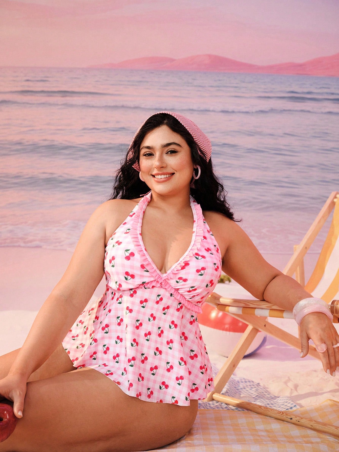 Swim Mod Plus Size Women Swimwear,Sweet & Cute White Summer Fairy Beach Holiday Plaid Cherry Print Criss-Cross Ruffle Halter Tie Two Pieces Tankini Swimwear