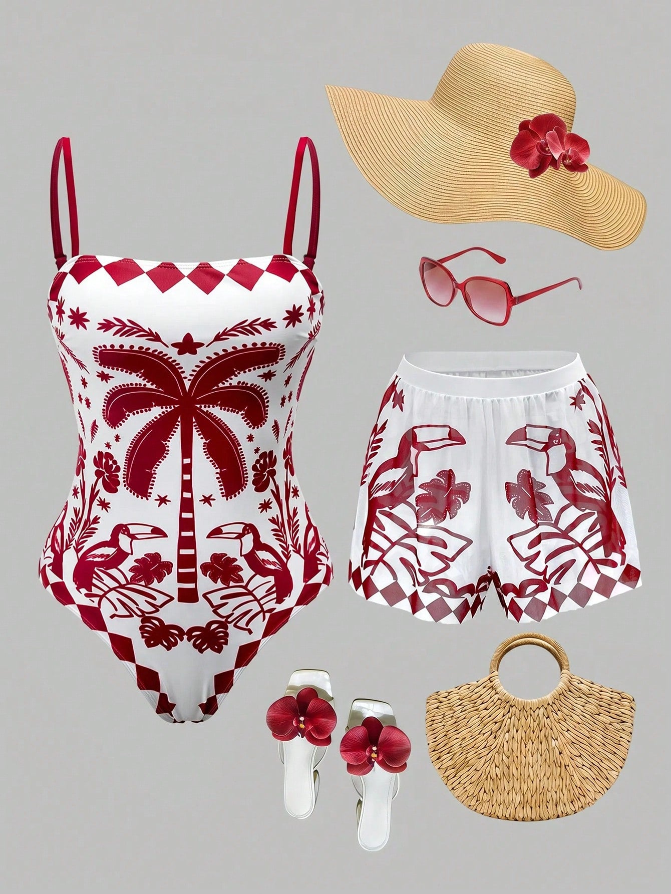 Swim Oasis Women's Tropical Plant Print Colorblock One-Piece Swimsuit And Shorts Set For Vacation Beach